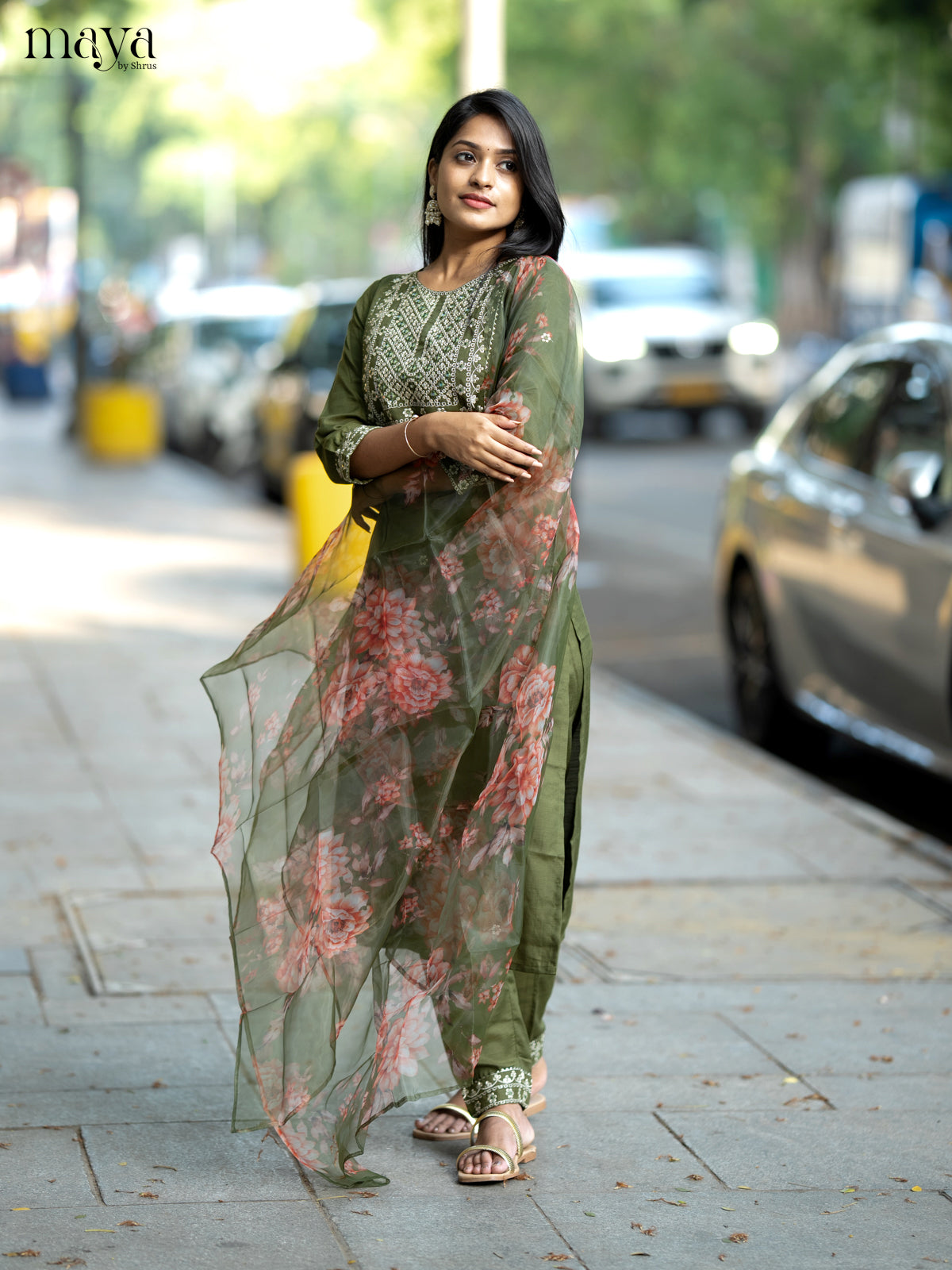 Olive Green Slub Cotton 3pc Salwar Suit with Sequins Floral work - Top, Bottom & Dupatta - Shop on Shrus.com