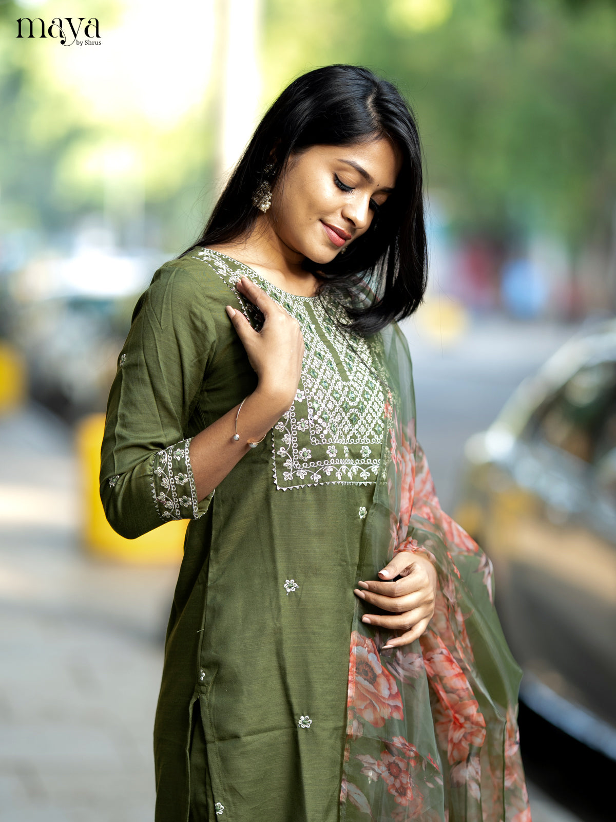 Olive Green Slub Cotton 3pc Salwar Suit with Sequins Floral work - Top, Bottom & Dupatta - Shop on Shrus.com