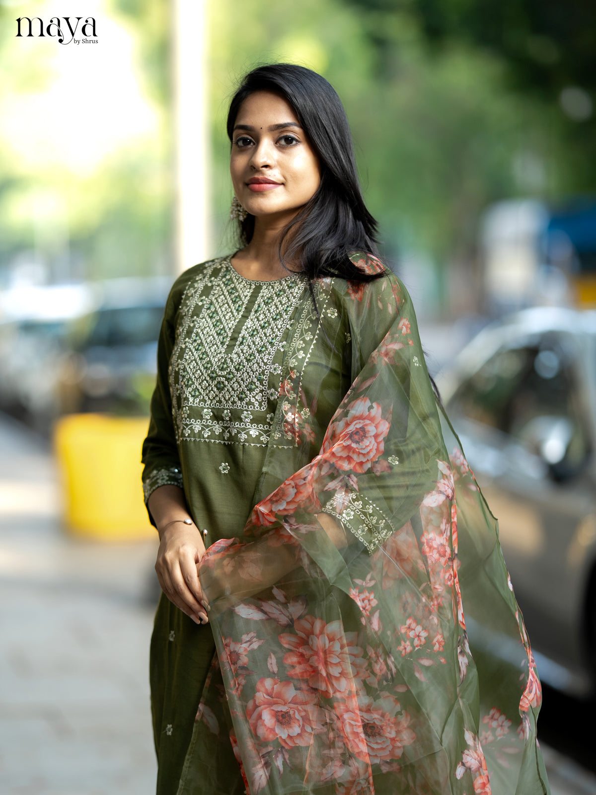 Olive Green Slub Cotton 3pc Salwar Suit with Sequins Floral work - Top, Bottom & Dupatta - Shop on Shrus.com