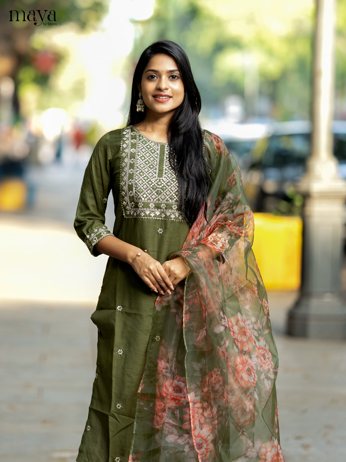 Olive Green Slub Cotton 3pc Salwar Suit with Sequins Floral work - Top, Bottom & Dupatta - Shop on Shrus.com