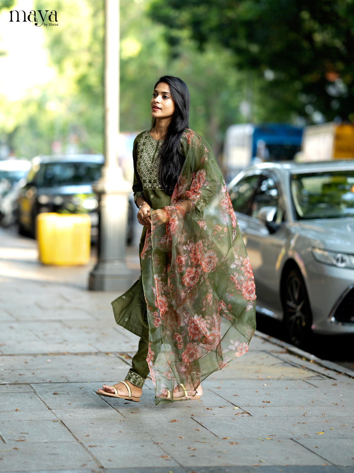 Olive Green Slub Cotton 3pc Salwar Suit with Sequins Floral work - Top, Bottom & Dupatta - Shop on Shrus.com