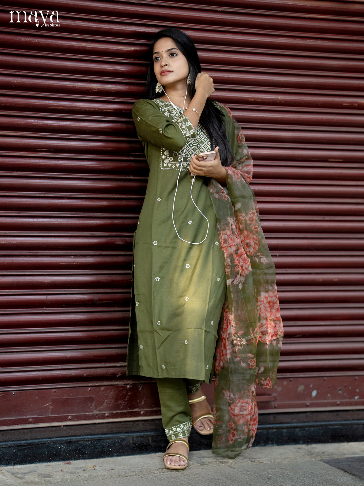 Olive Green Slub Cotton 3pc Salwar Suit with Sequins Floral work - Top, Bottom & Dupatta - Shop on Shrus.com