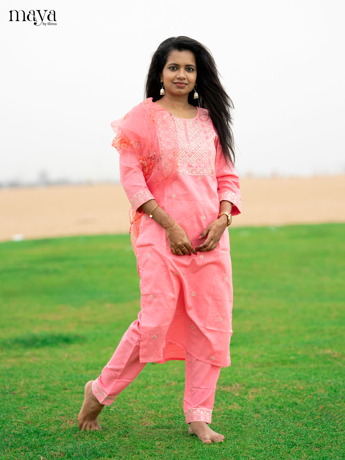 Peach pink Slub Cotton 3pc Salwar Suit with Sequins Floral work - Top, Bottom & Dupatta - Shop on Shrus.com