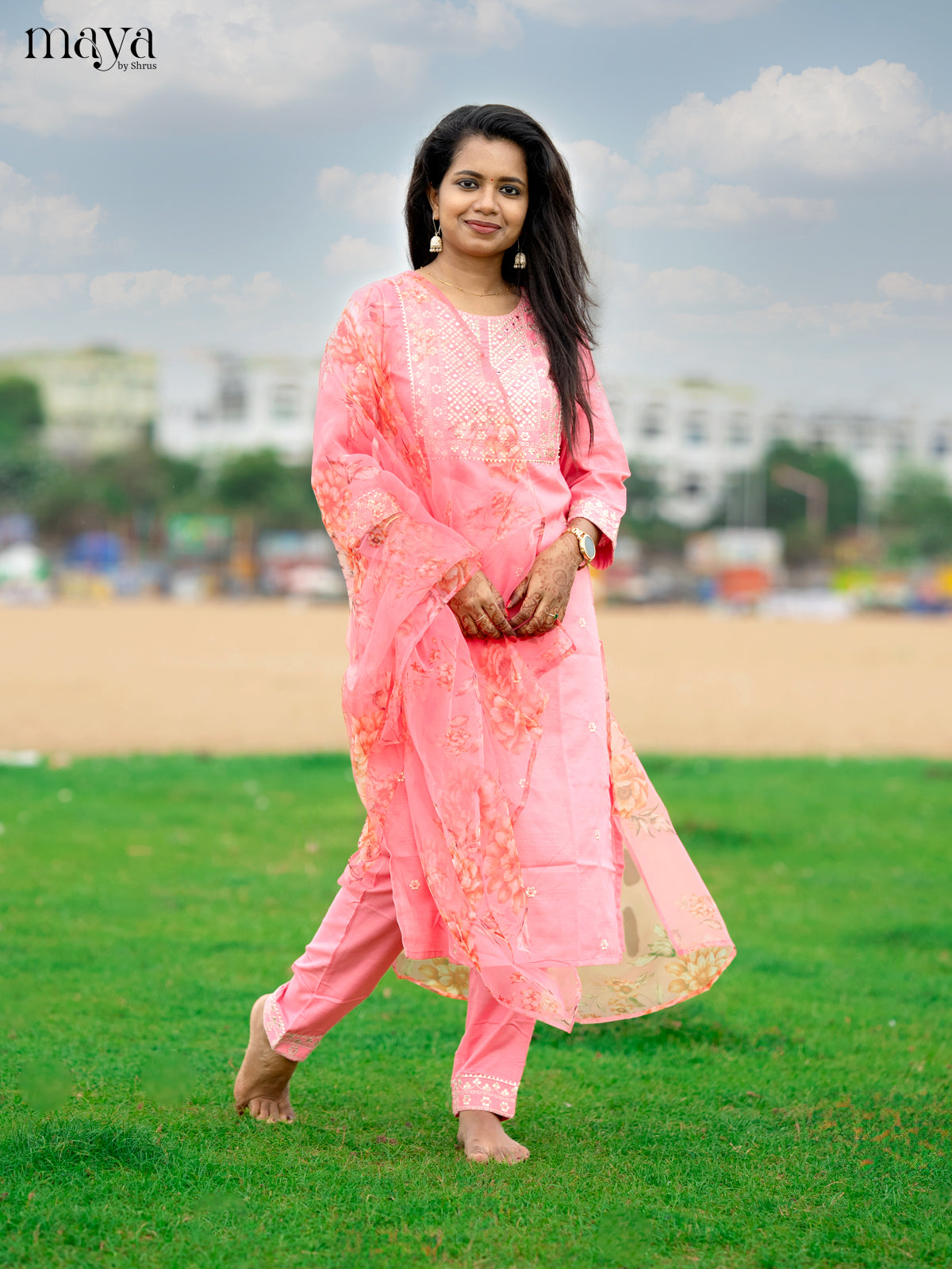 Peach pink Slub Cotton 3pc Salwar Suit with Sequins Floral work - Top, Bottom & Dupatta - Shop on Shrus.com