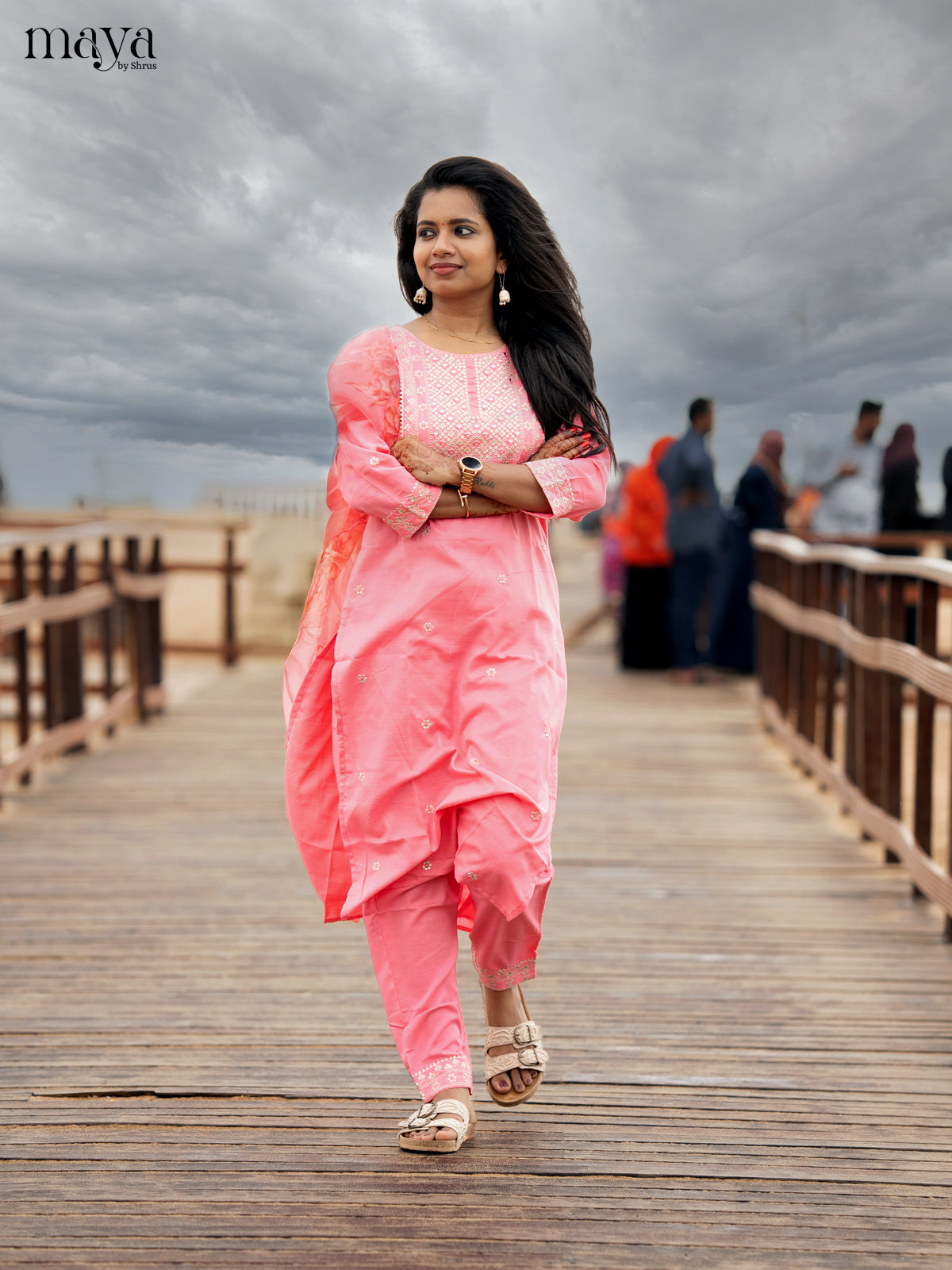 Peach pink Slub Cotton 3pc Salwar Suit with Sequins Floral work - Top, Bottom & Dupatta - Shop on Shrus.com