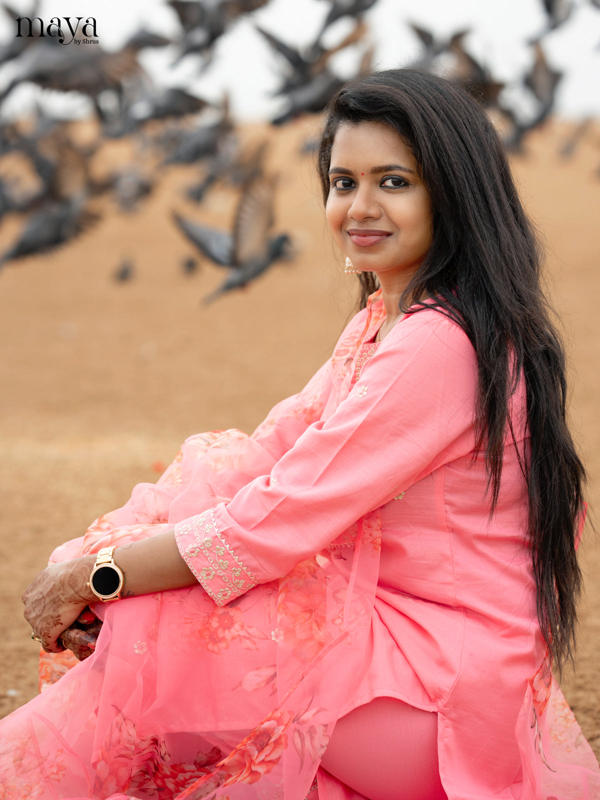 Peach pink Slub Cotton 3pc Salwar Suit with Sequins Floral work - Top, Bottom & Dupatta - Shop on Shrus.com