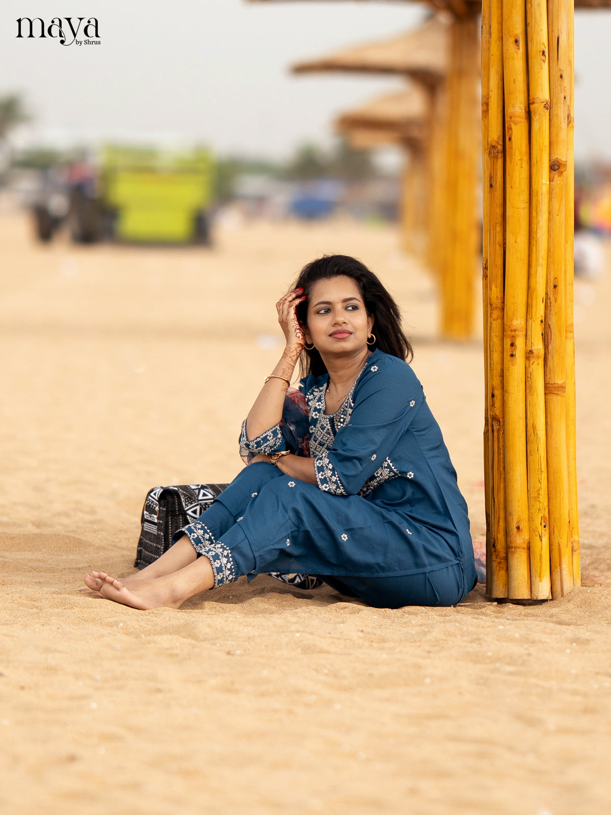 Peacock Blue Slub Cotton 3pc Salwar Suit with sequins Floral work - Top, Bottom & Dupatta - Shop on Shrus.com
