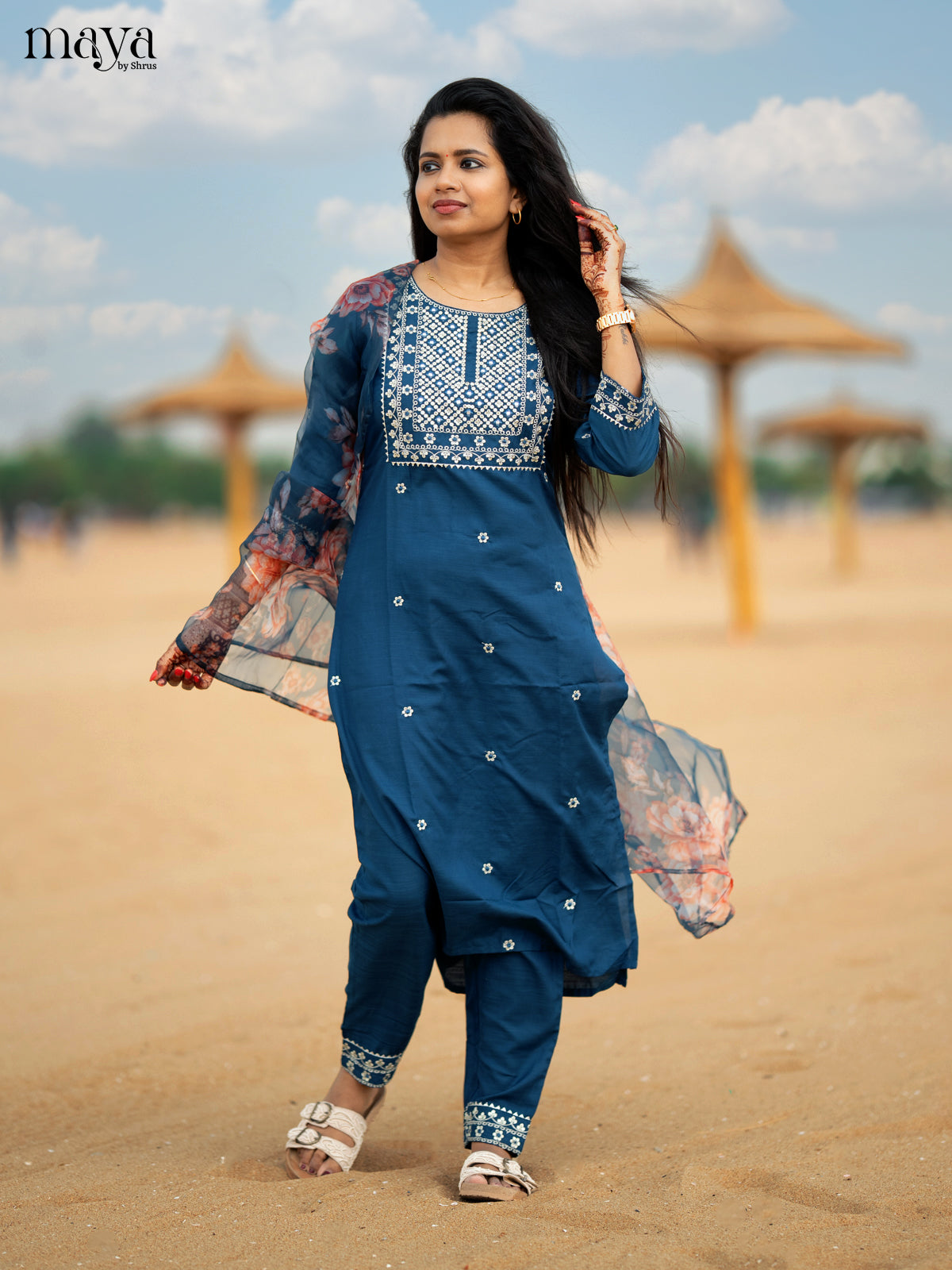 Peacock Blue Slub Cotton 3pc Salwar Suit with sequins Floral work - Top, Bottom & Dupatta - Shop on Shrus.com