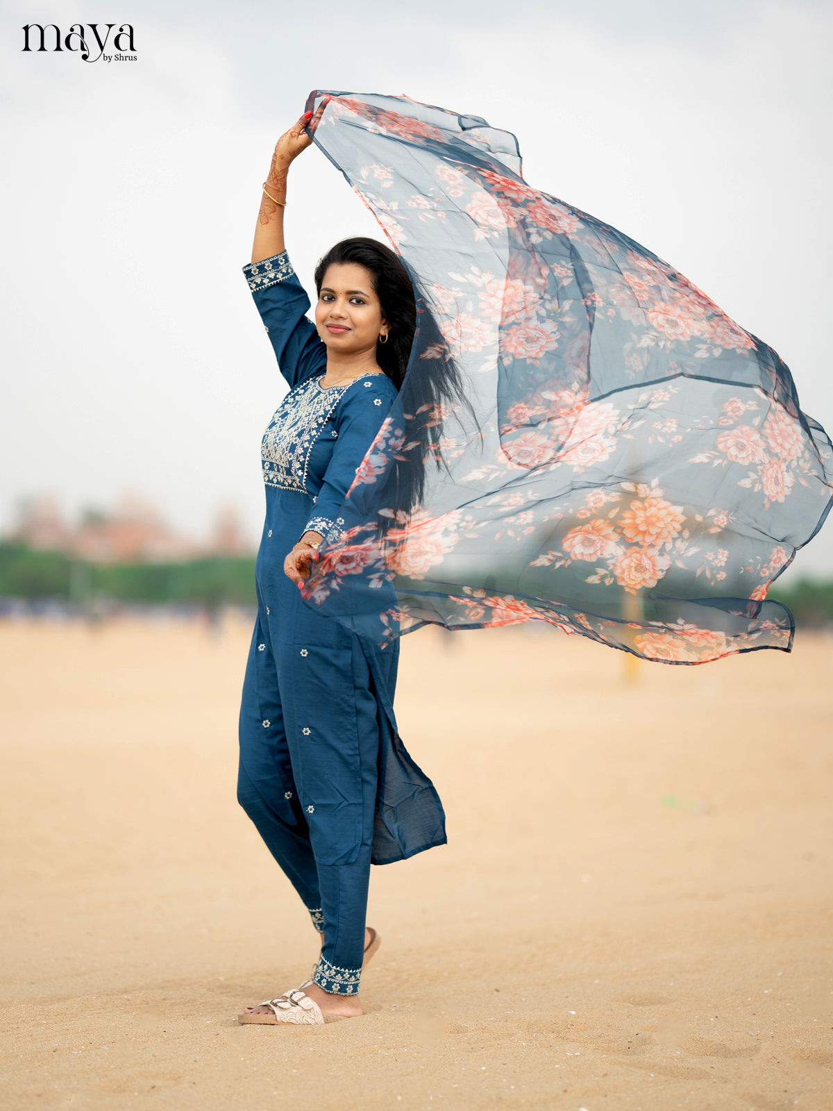 Peacock Blue Slub Cotton 3pc Salwar Suit with sequins Floral work - Top, Bottom & Dupatta - Shop on Shrus.com