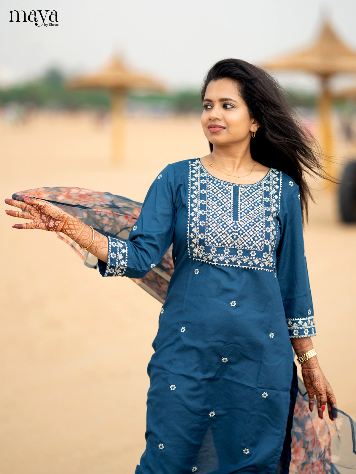 Peacock Blue Slub Cotton 3pc Salwar Suit with sequins Floral work - Top, Bottom & Dupatta - Shop on Shrus.com