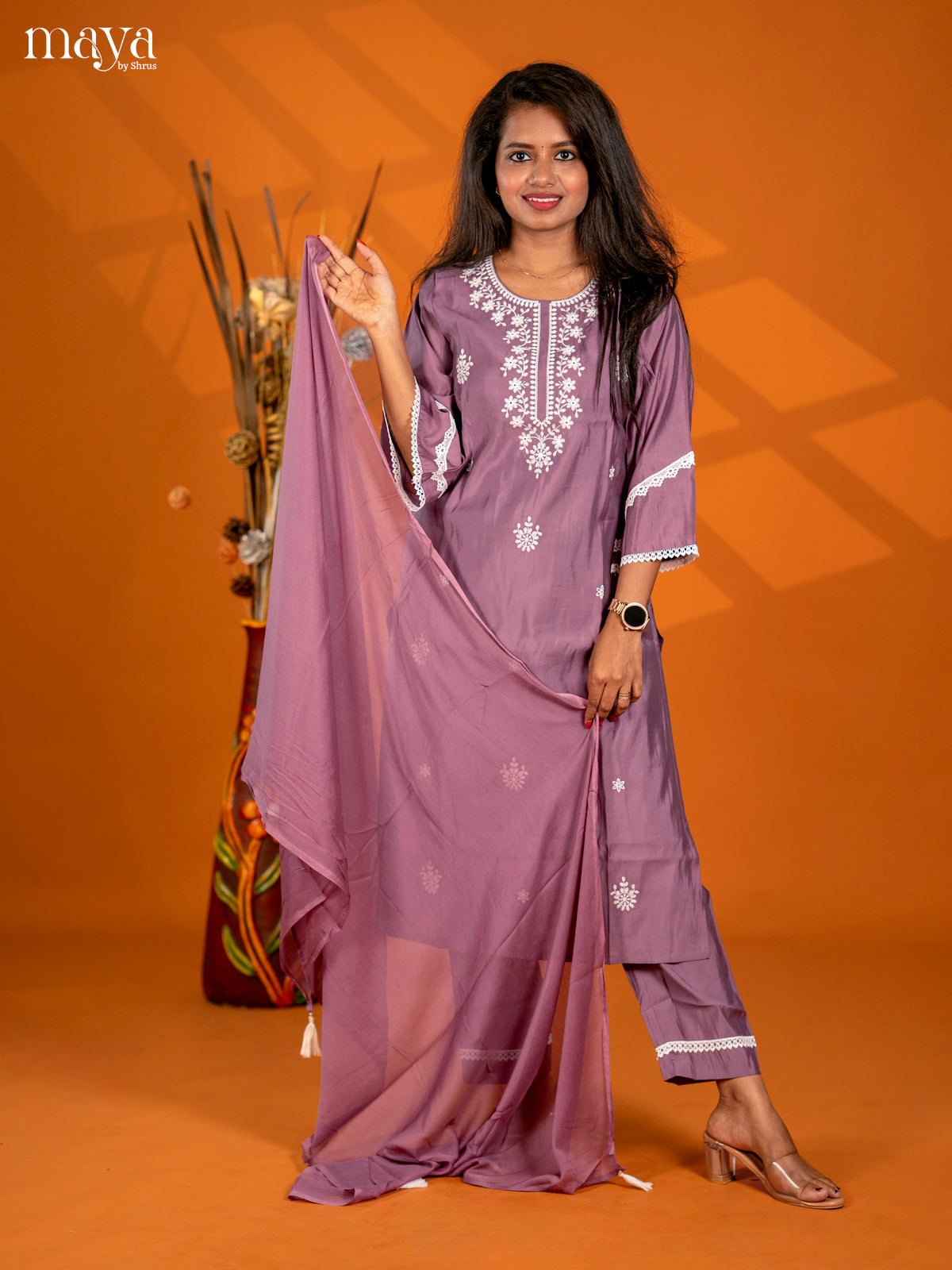 Embroidered Rayon 3pc peach onion pink Salwar Suit - Top, Bottom & Dupatta - Shop on Shrus.com
