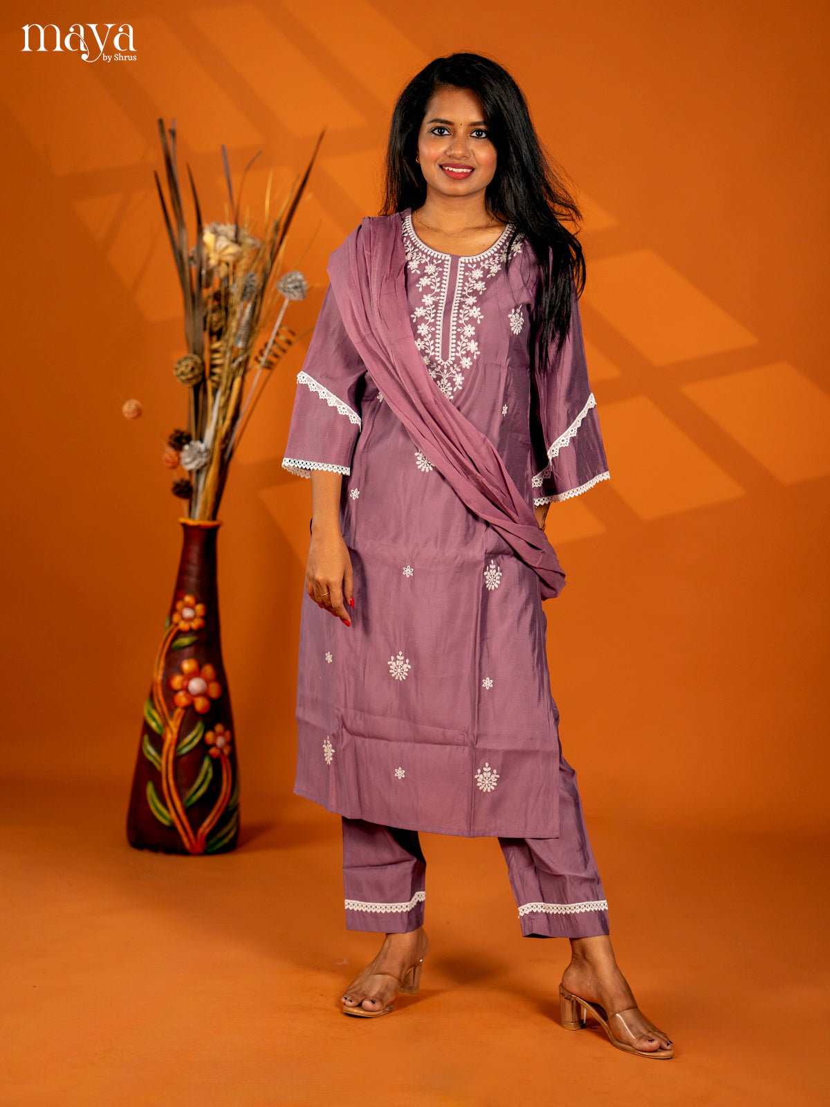 Embroidered Rayon 3pc peach onion pink Salwar Suit - Top, Bottom & Dupatta - Shop on Shrus.com