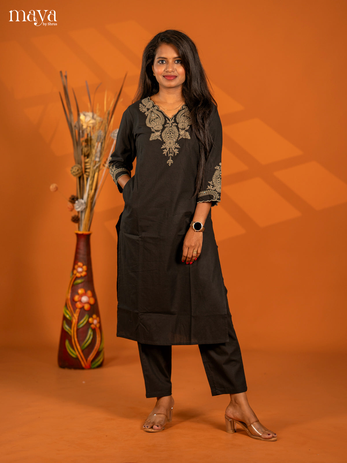 Embroidered Rayon 3pc peach Black Salwar Suit - Top, Bottom & Dupatta - Shop on Shrus.com
