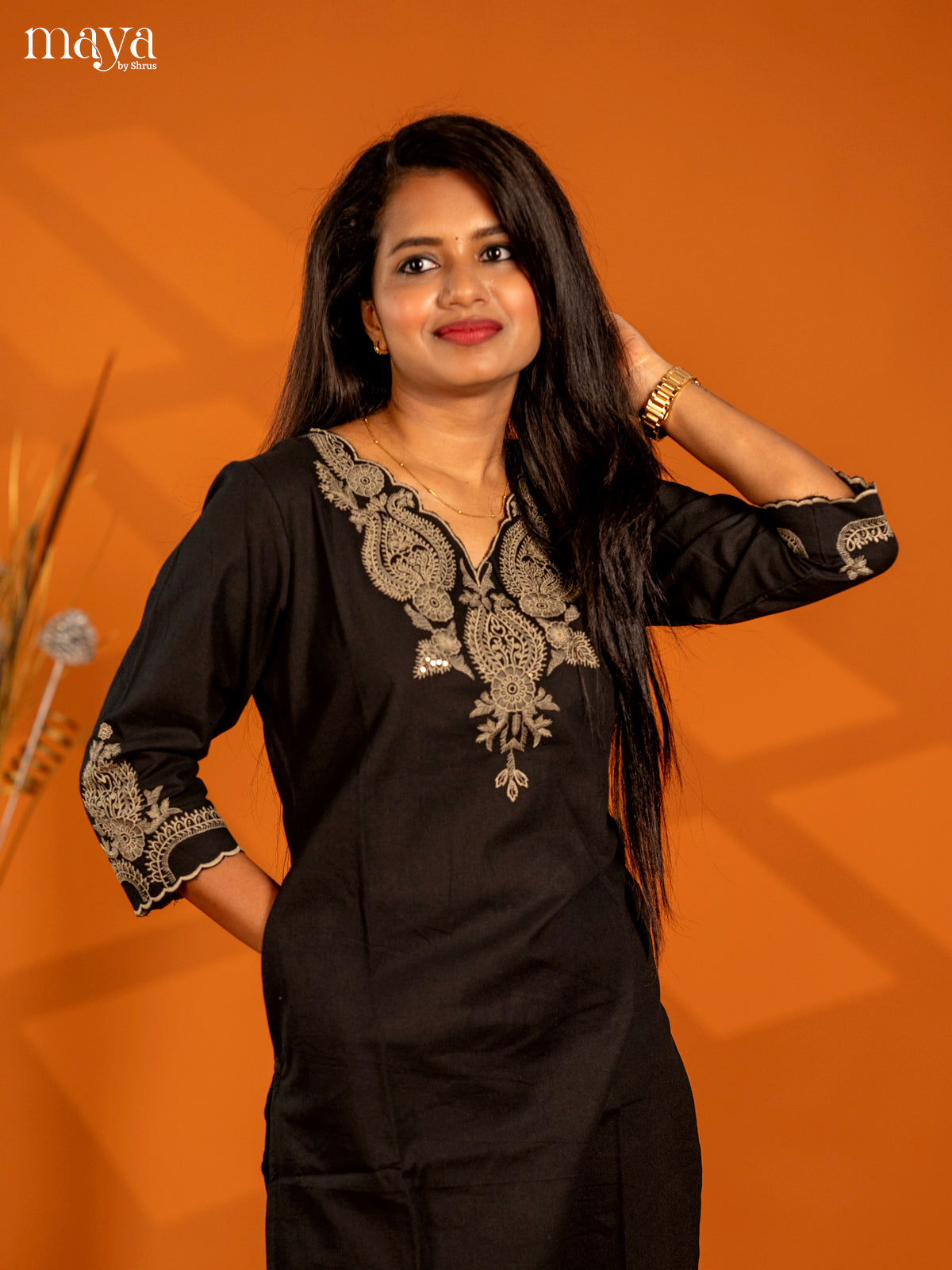 Embroidered Rayon 3pc peach Black Salwar Suit - Top, Bottom & Dupatta - Shop on Shrus.com
