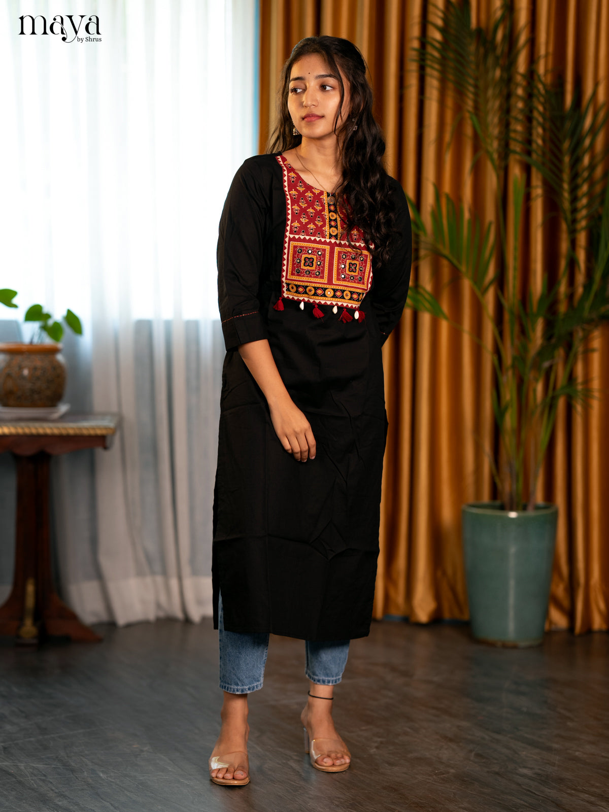 Black Ajrakh Printed Cotton Straight Kurti - Shop on Shrus.com