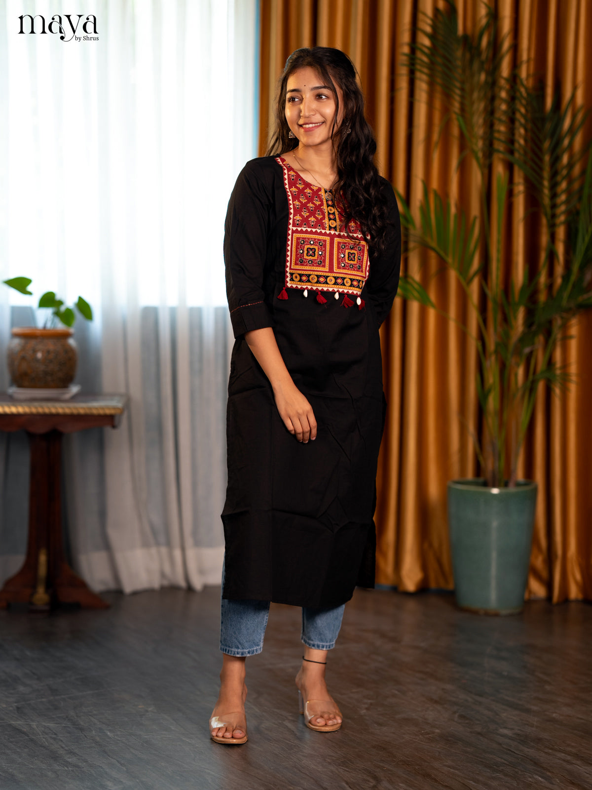 Black Ajrakh Printed Cotton Straight Kurti - Shop on Shrus.com