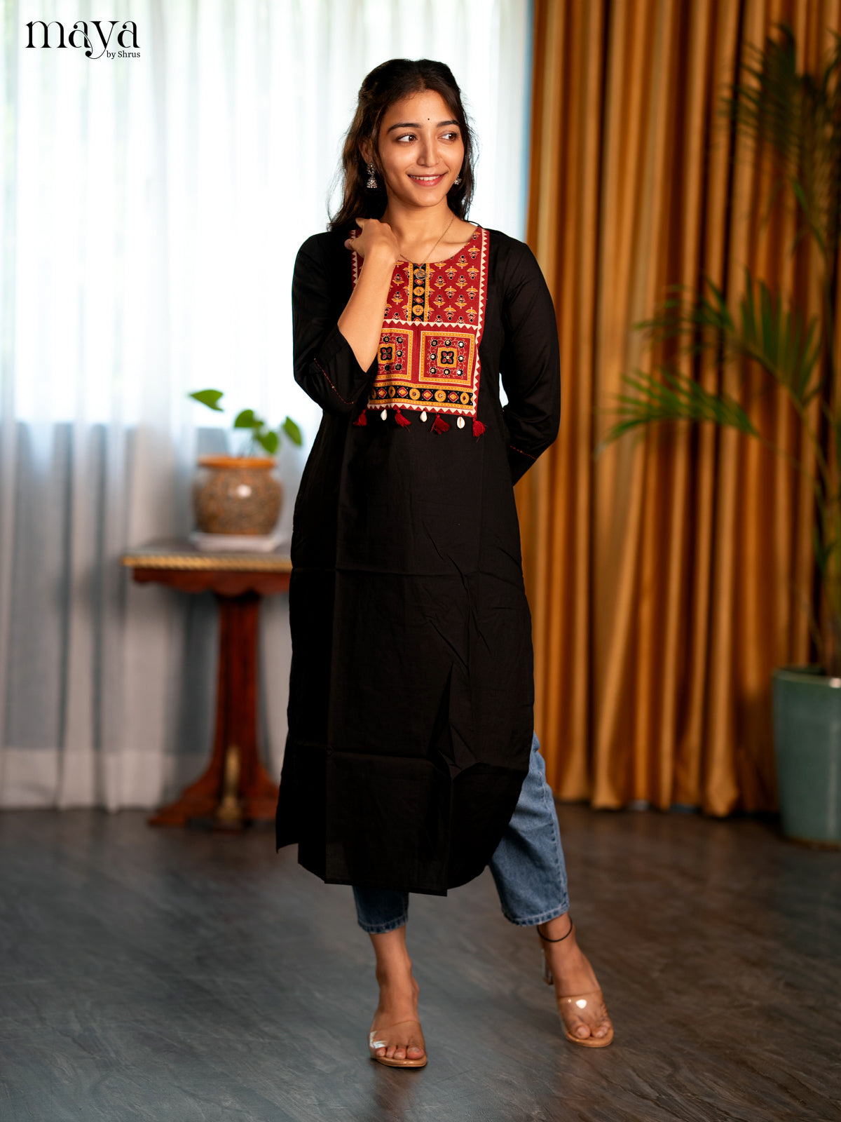 Black Ajrakh Printed Cotton Straight Kurti - Shop on Shrus.com