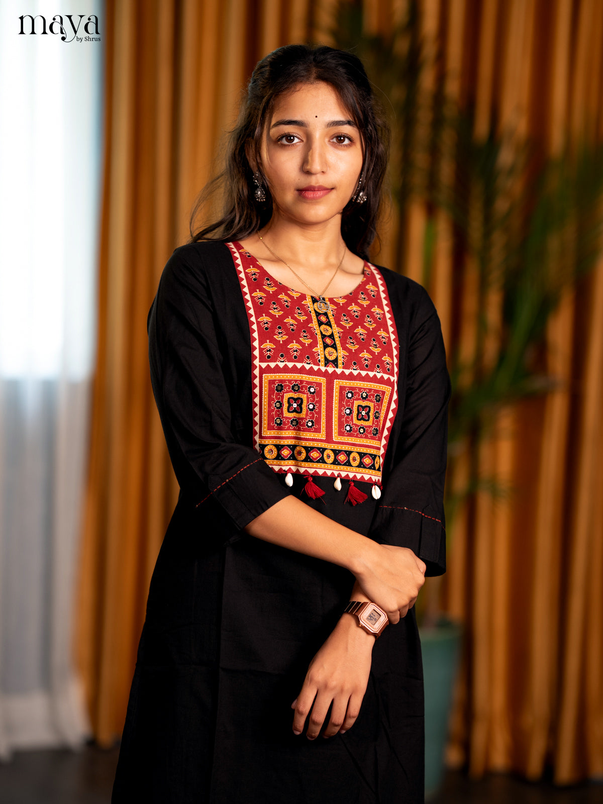 Black Ajrakh Printed Cotton Straight Kurti - Shop on Shrus.com