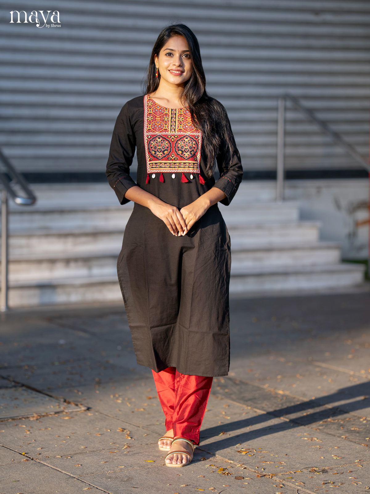 Black Ajrakh Printed Cotton Straight Kurti - Shop on Shrus.com