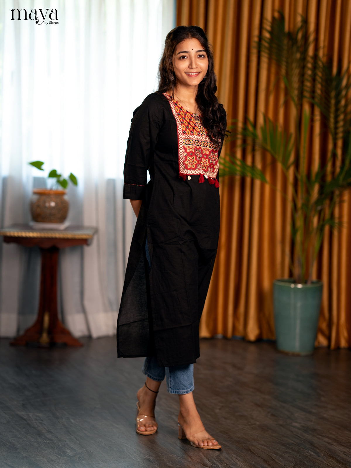 Black Ajrakh Printed Cotton Straight Kurti - Shop on Shrus.com