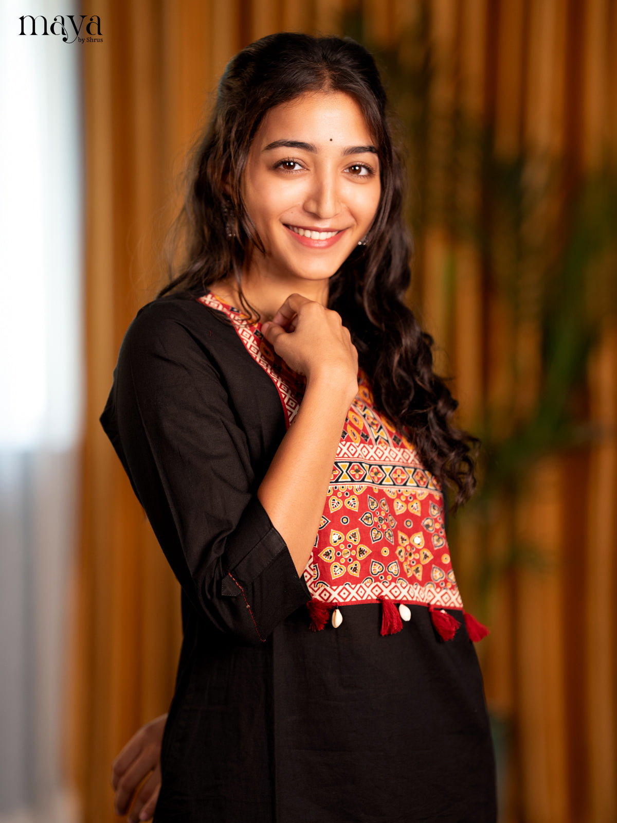 Black Ajrakh Printed Cotton Straight Kurti - Shop on Shrus.com