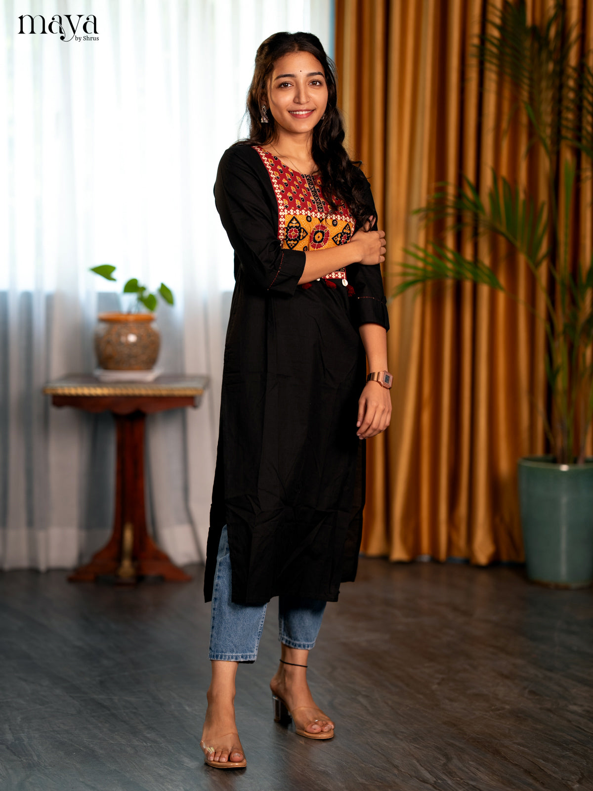 Black Ajrakh Printed Cotton Straight Kurti - Shop on Shrus.com