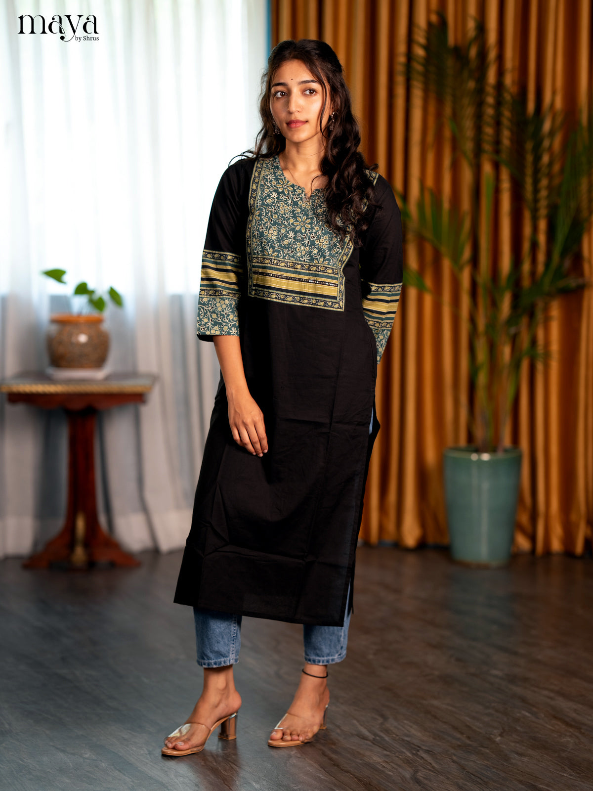Black with Peacock Blue Floral Printed Cotton Straight Kurti - Shop on Shrus.com