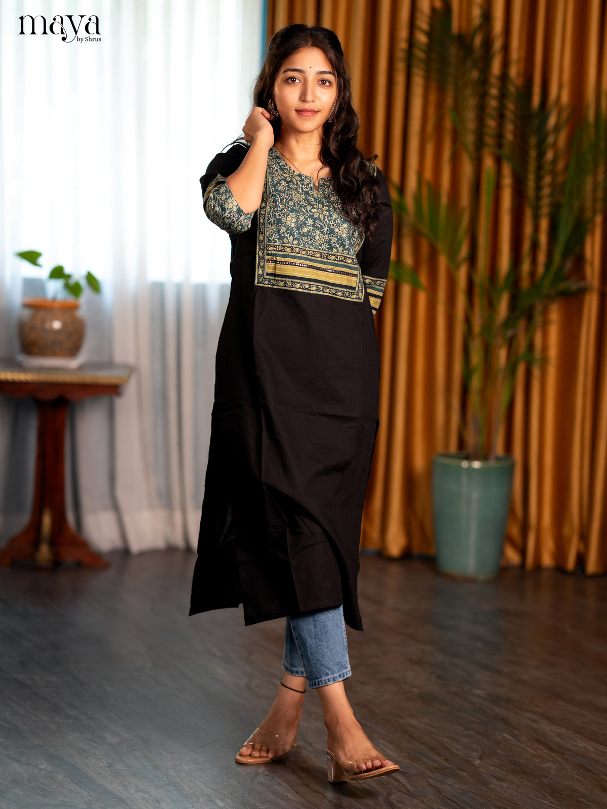 Black with Peacock Blue Floral Printed Cotton Straight Kurti - Shop on Shrus.com