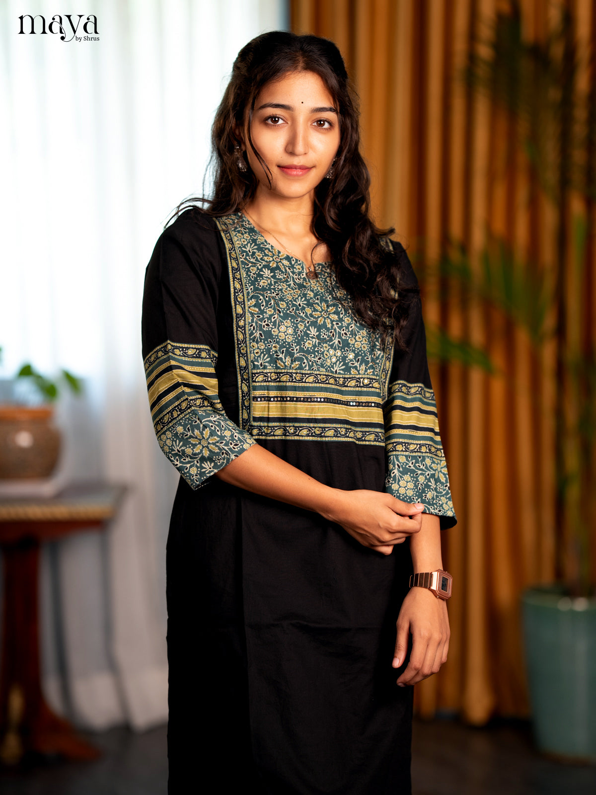 Black with Peacock Blue Floral Printed Cotton Straight Kurti - Shop on Shrus.com