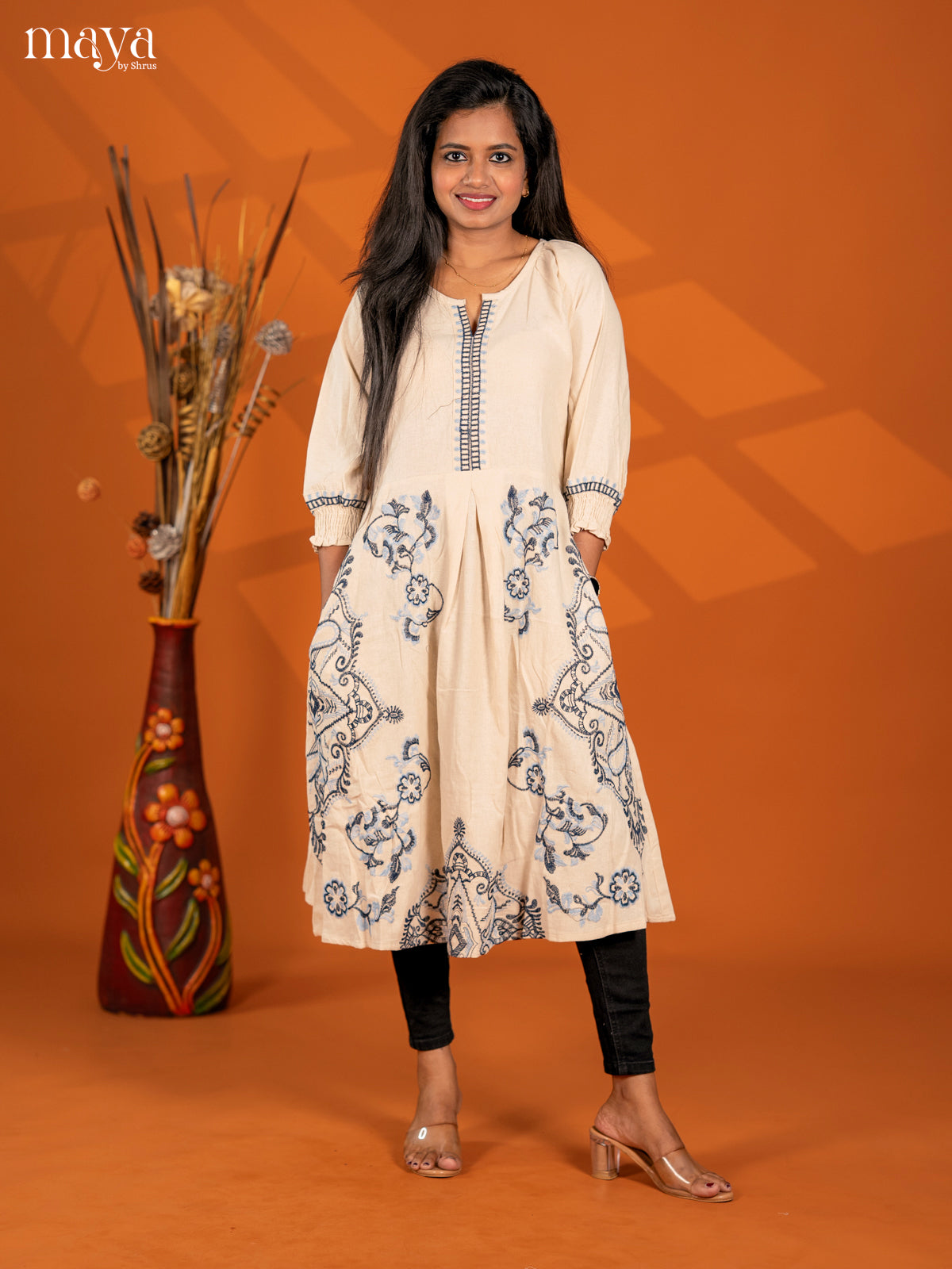 Cream Embroidered Cotton Umbrella Kurti - Shop on Shrus.com