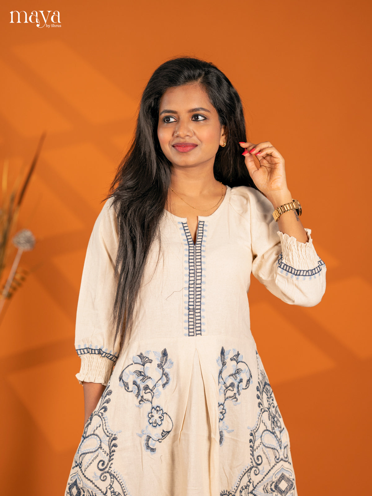Cream Embroidered Cotton Umbrella Kurti - Shop on Shrus.com