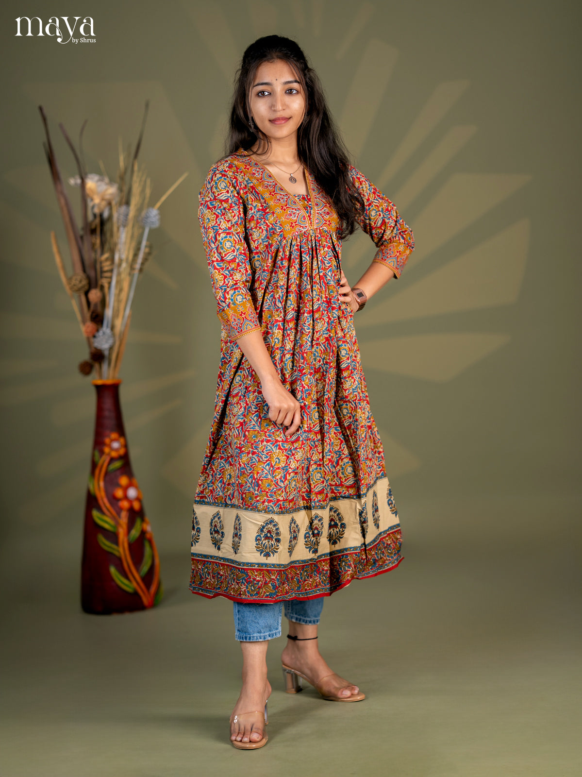 Maroon with Peacock Blue Floral Printed Cotton Anarkali Kurti - Shop on Shrus.com