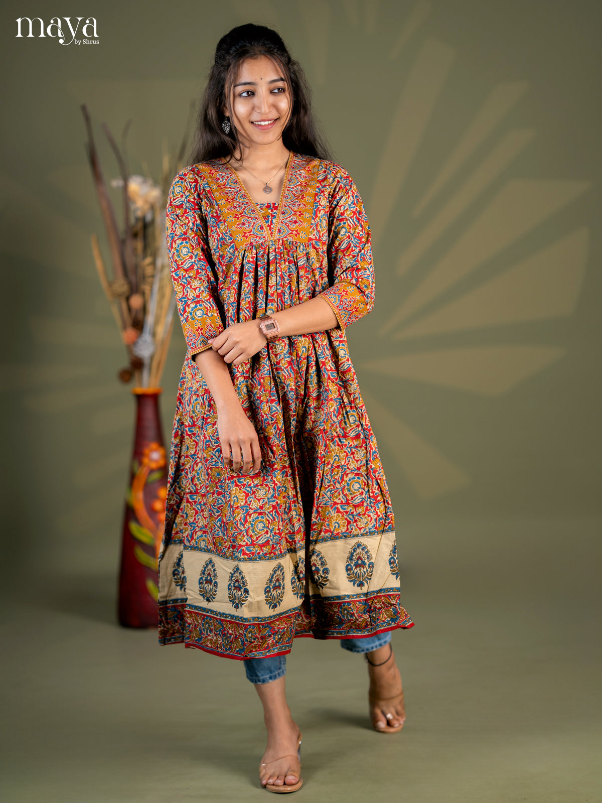 Maroon with Peacock Blue Floral Printed Cotton Anarkali Kurti - Shop on Shrus.com