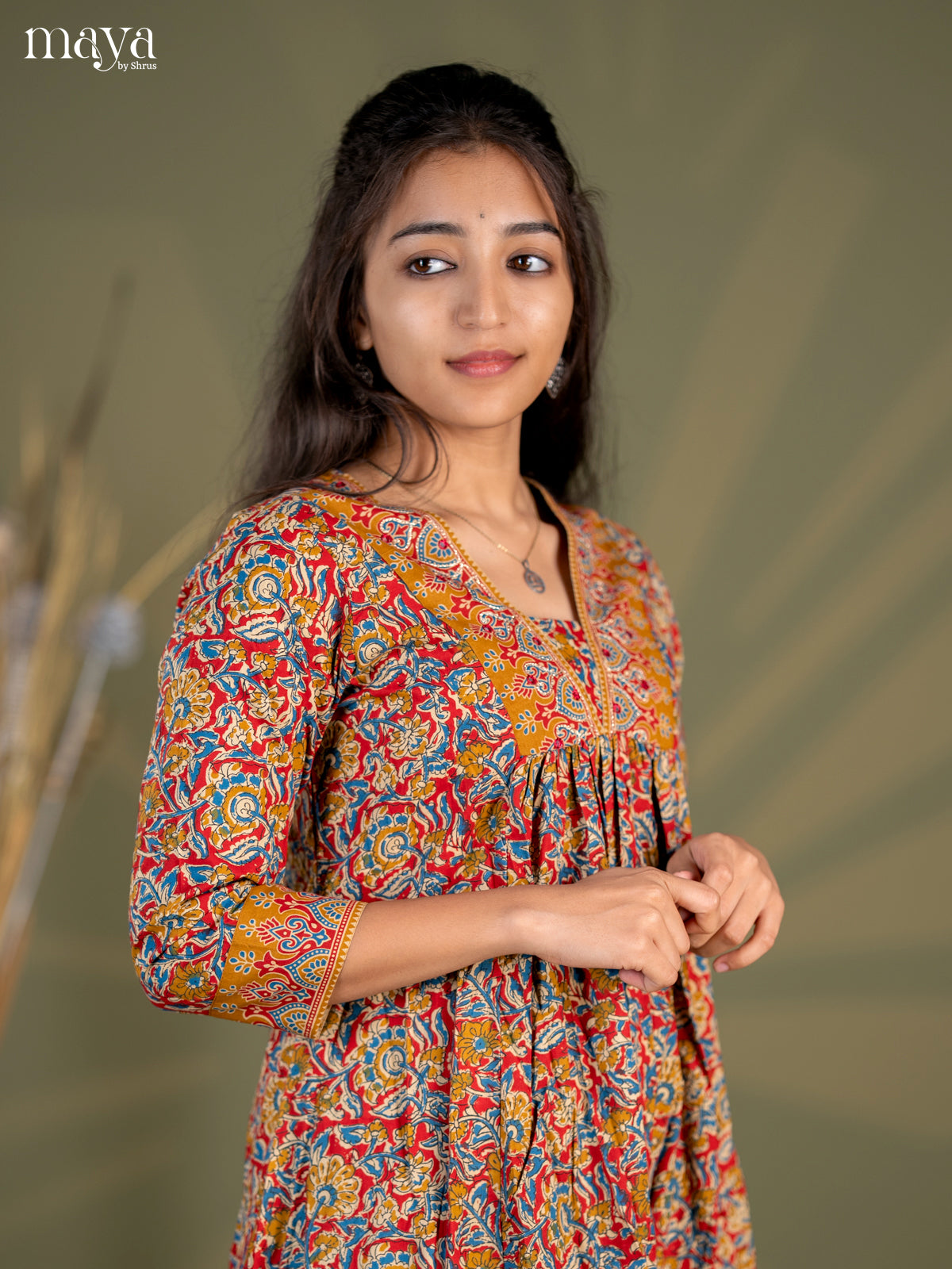 Maroon with Peacock Blue Floral Printed Cotton Anarkali Kurti - Shop on Shrus.com