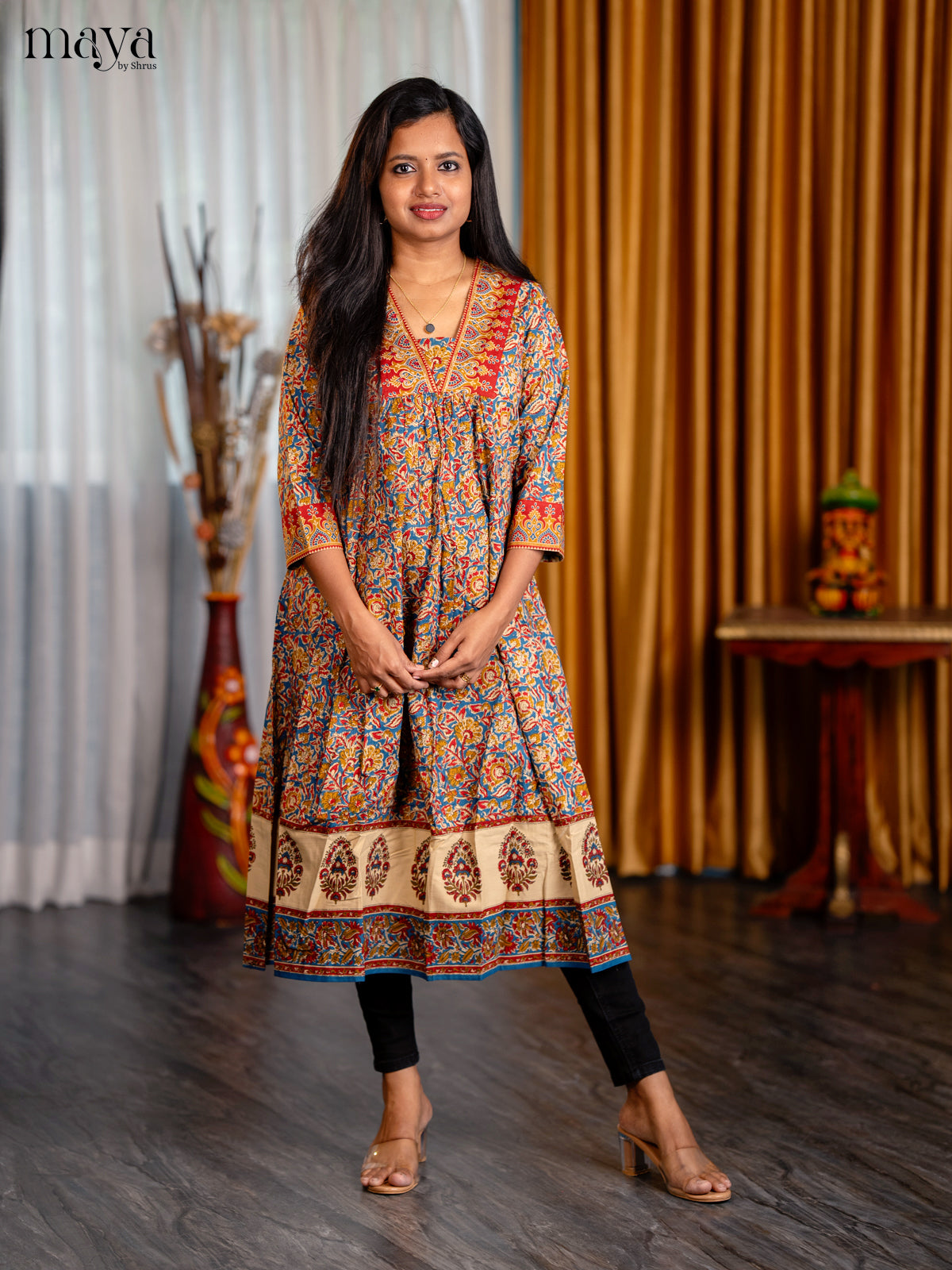 Peacock Blue with Mustrad Floral Printed Cotton Anarkali Kurti - Shop on Shrus.com