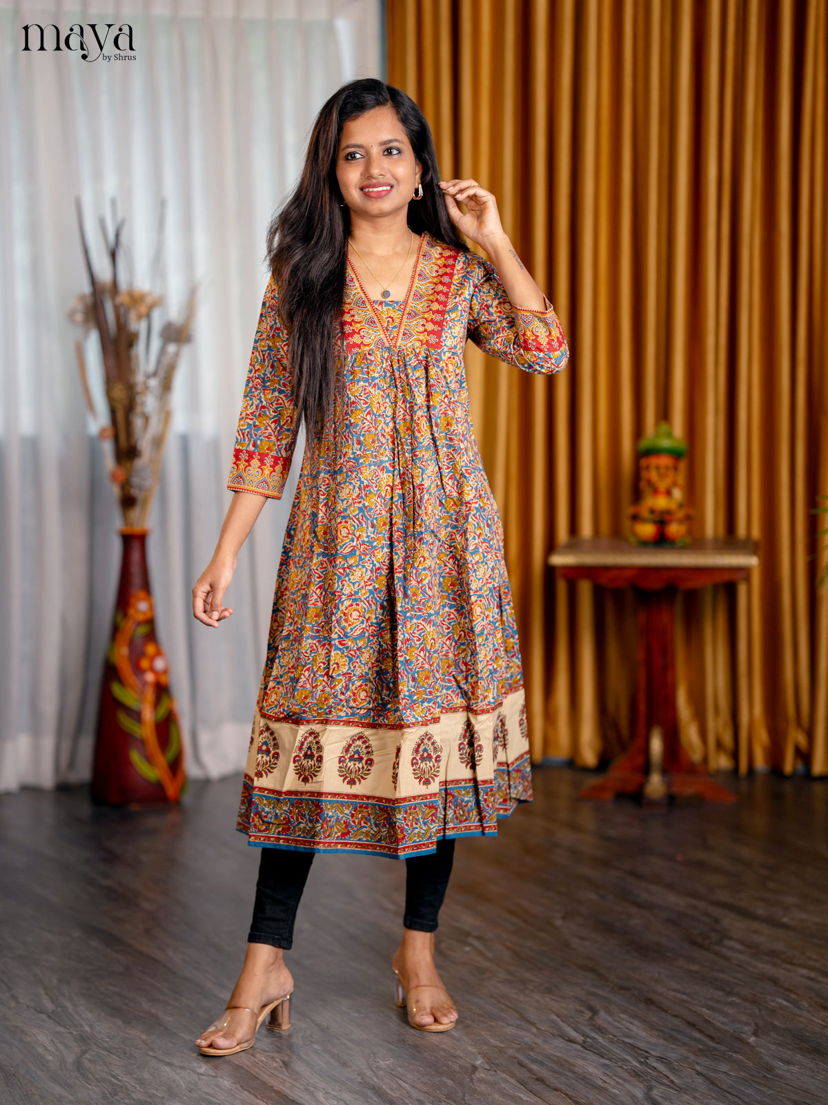 Peacock Blue with Mustrad Floral Printed Cotton Anarkali Kurti - Shop on Shrus.com