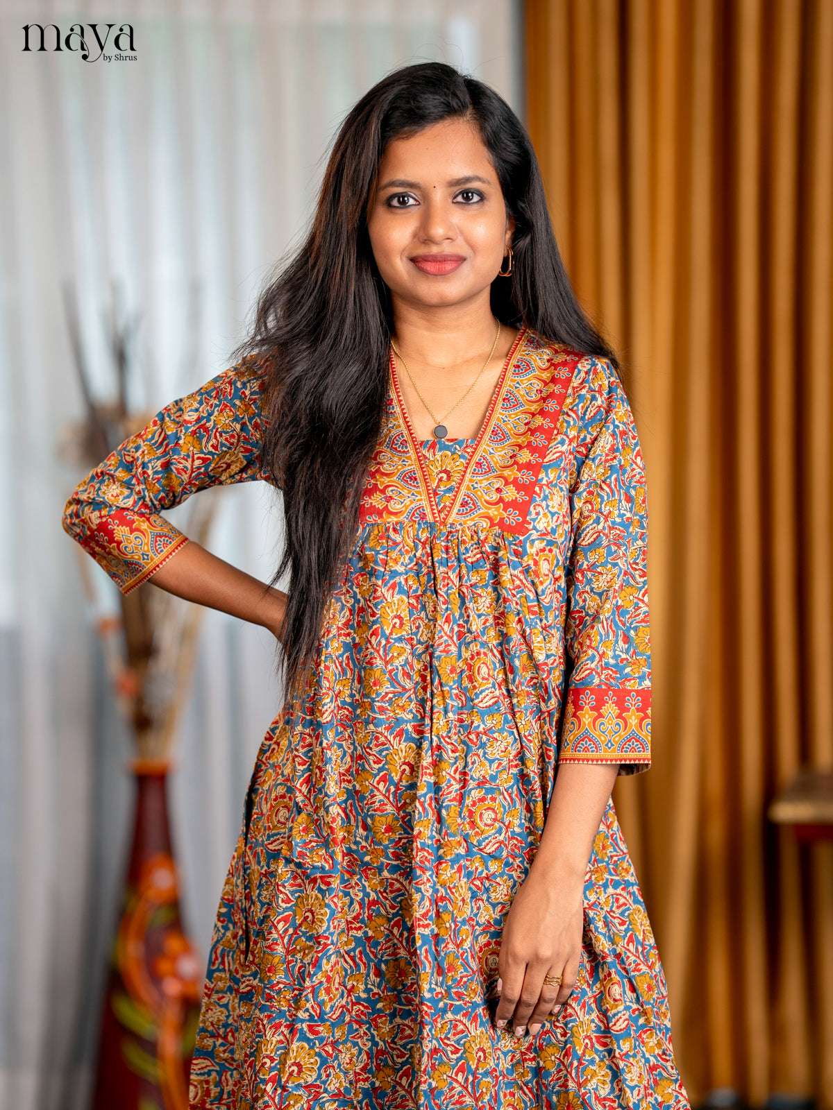 Peacock Blue with Mustrad Floral Printed Cotton Anarkali Kurti - Shop on Shrus.com