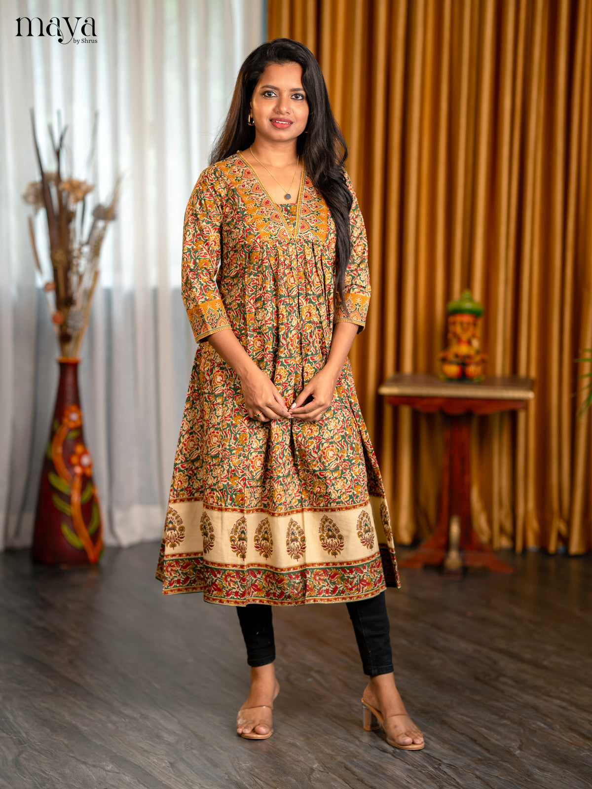 Maroon with Green Floral Printed Cotton Anarkali Kurti - Shop on Shrus.com