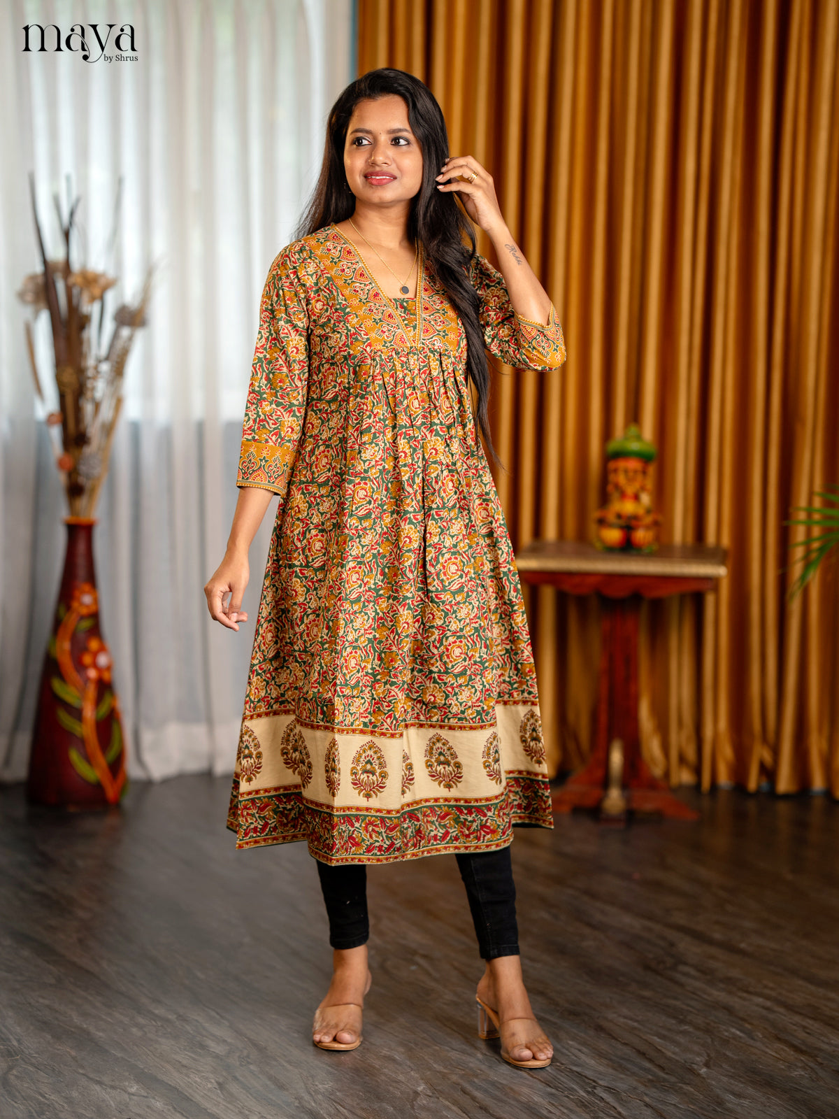 Maroon with Green Floral Printed Cotton Anarkali Kurti - Shop on Shrus.com