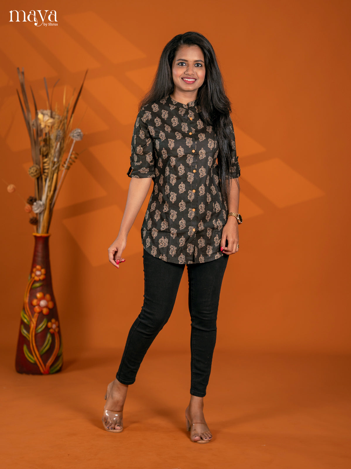 Black Floral Printed Cotton A - Line Short Kurta - Shop on Shrus.com