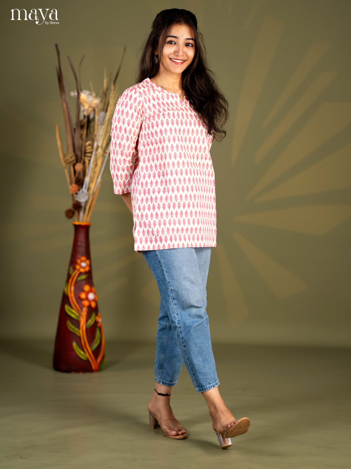 Cream with Pink Floral Printed Cotton Straight Short Kurta - Shop on Shrus.com