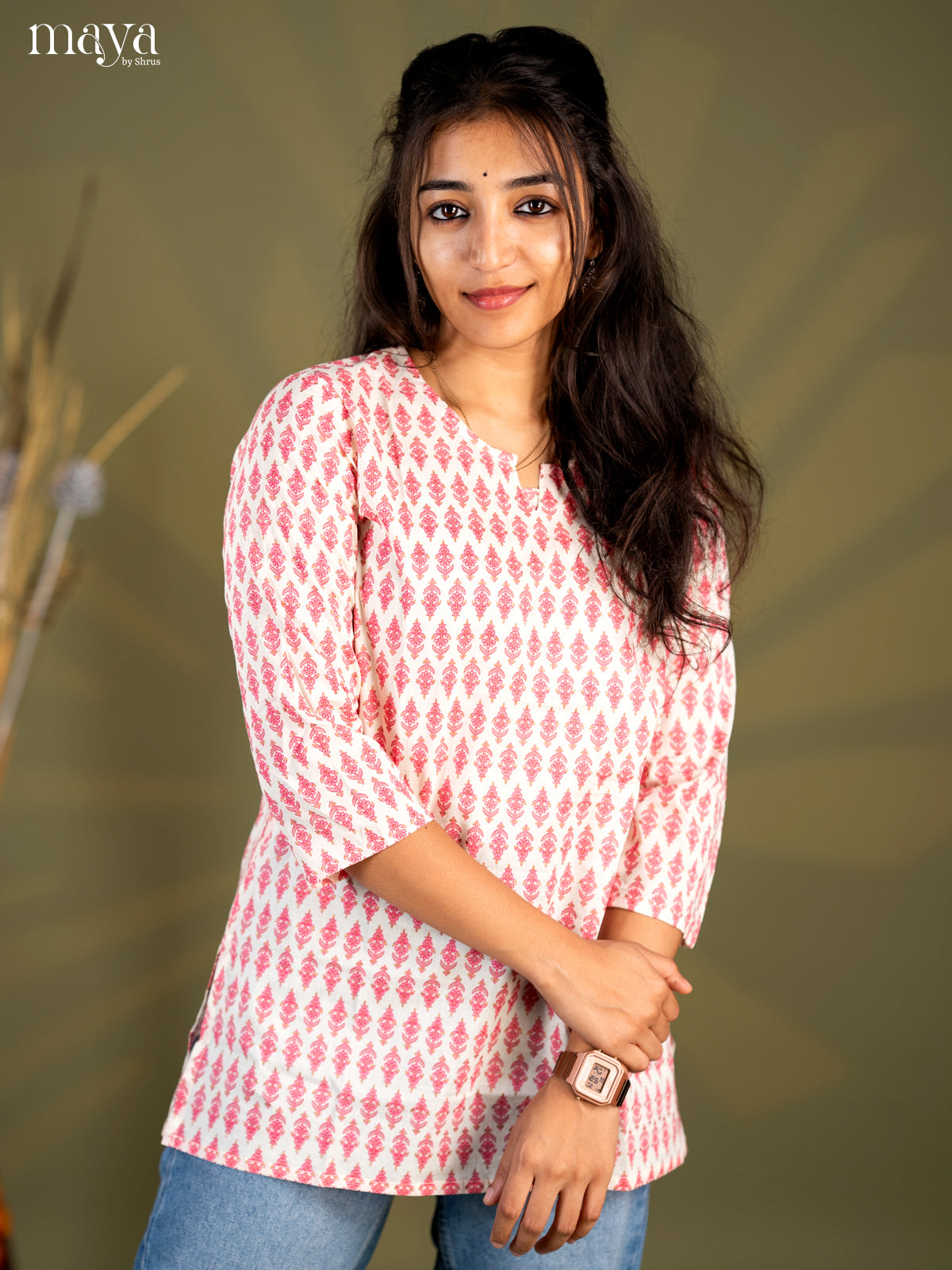 Cream with Pink Floral Printed Cotton Straight Short Kurta - Shop on Shrus.com