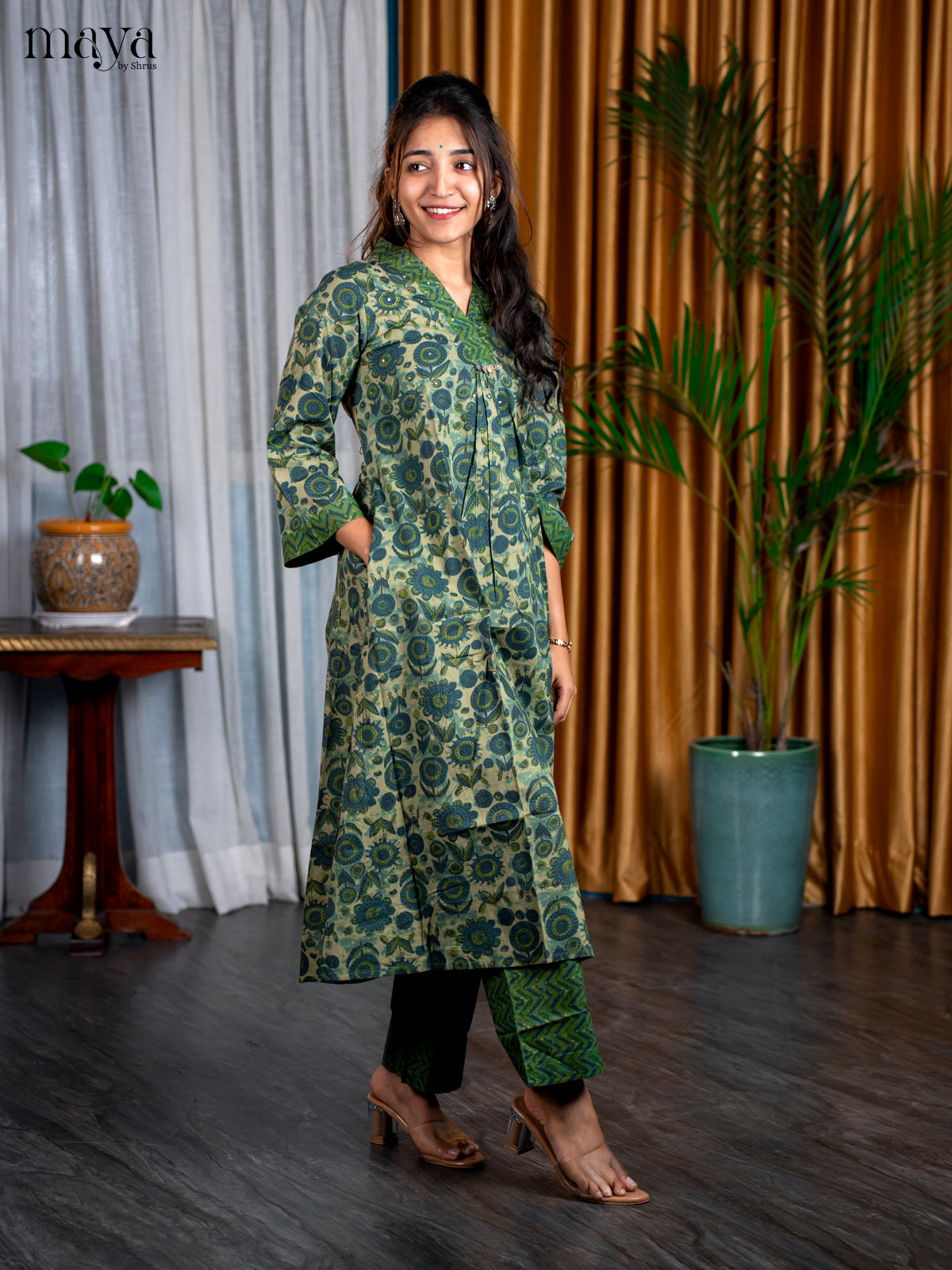 Peacock blue with Pastel Green Cotton 2pc Floral Print Salwar Suit - Top & Bottom - Shop on Shrus.com