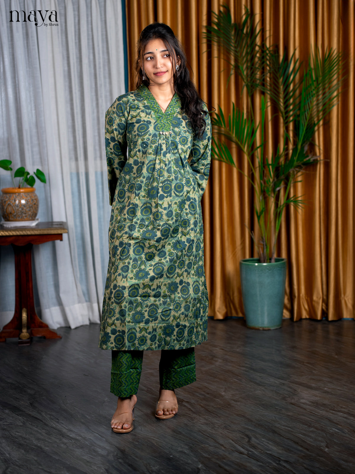 Peacock blue with Pastel Green Cotton 2pc Floral Print Salwar Suit - Top & Bottom - Shop on Shrus.com
