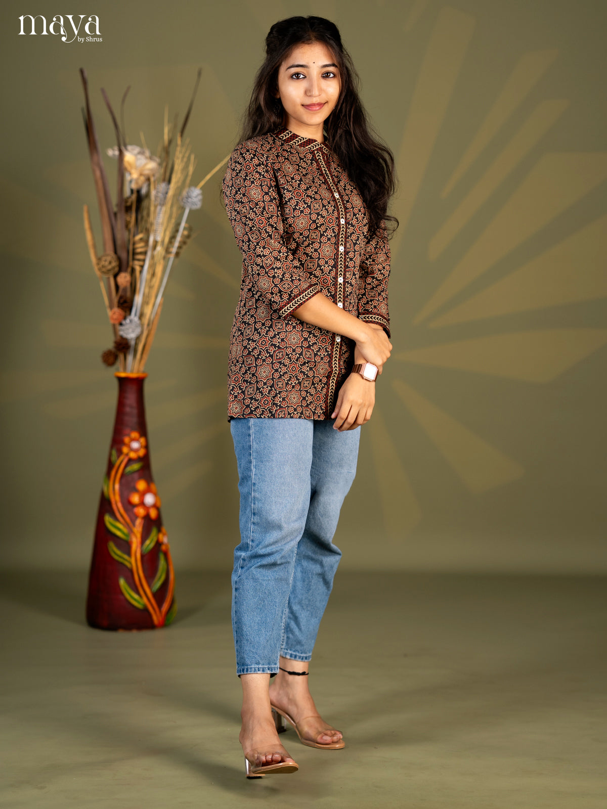 Black Ajrakh Printed Cotton Straight Short Kurta - Shop on Shrus.com