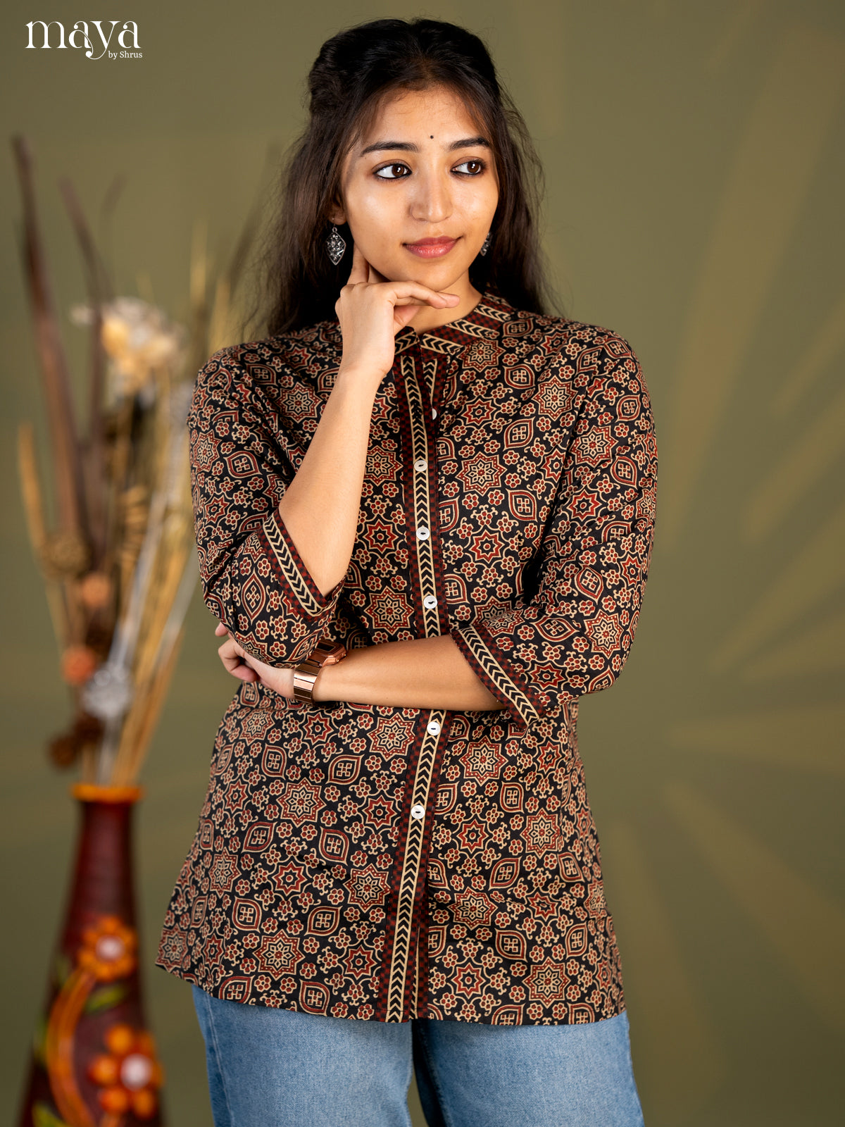 Black Ajrakh Printed Cotton Straight Short Kurta - Shop on Shrus.com