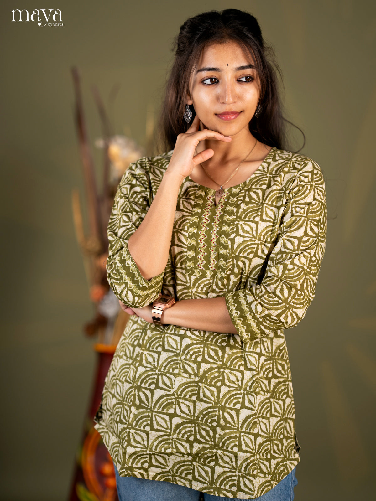 Army Green Printed Cotton Straight Short Kurta - Shop on Shrus.com