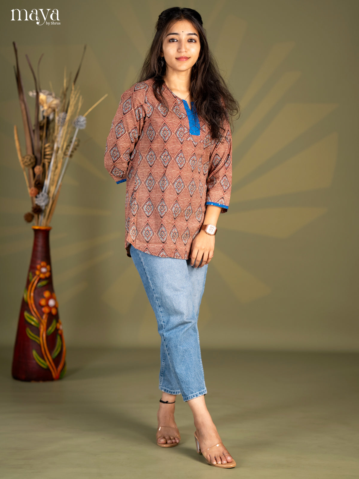 Maroon Geometric Printed Cotton Straight Short Kurta - Shop on Shrus.com