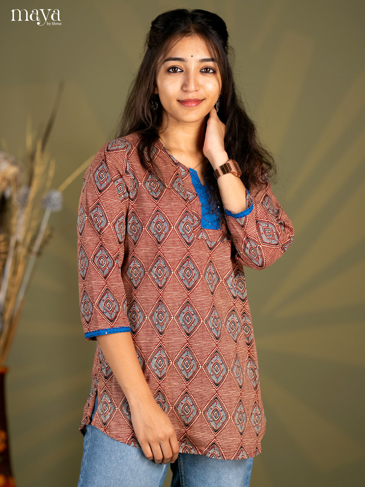 Maroon Geometric Printed Cotton Straight Short Kurta - Shop on Shrus.com