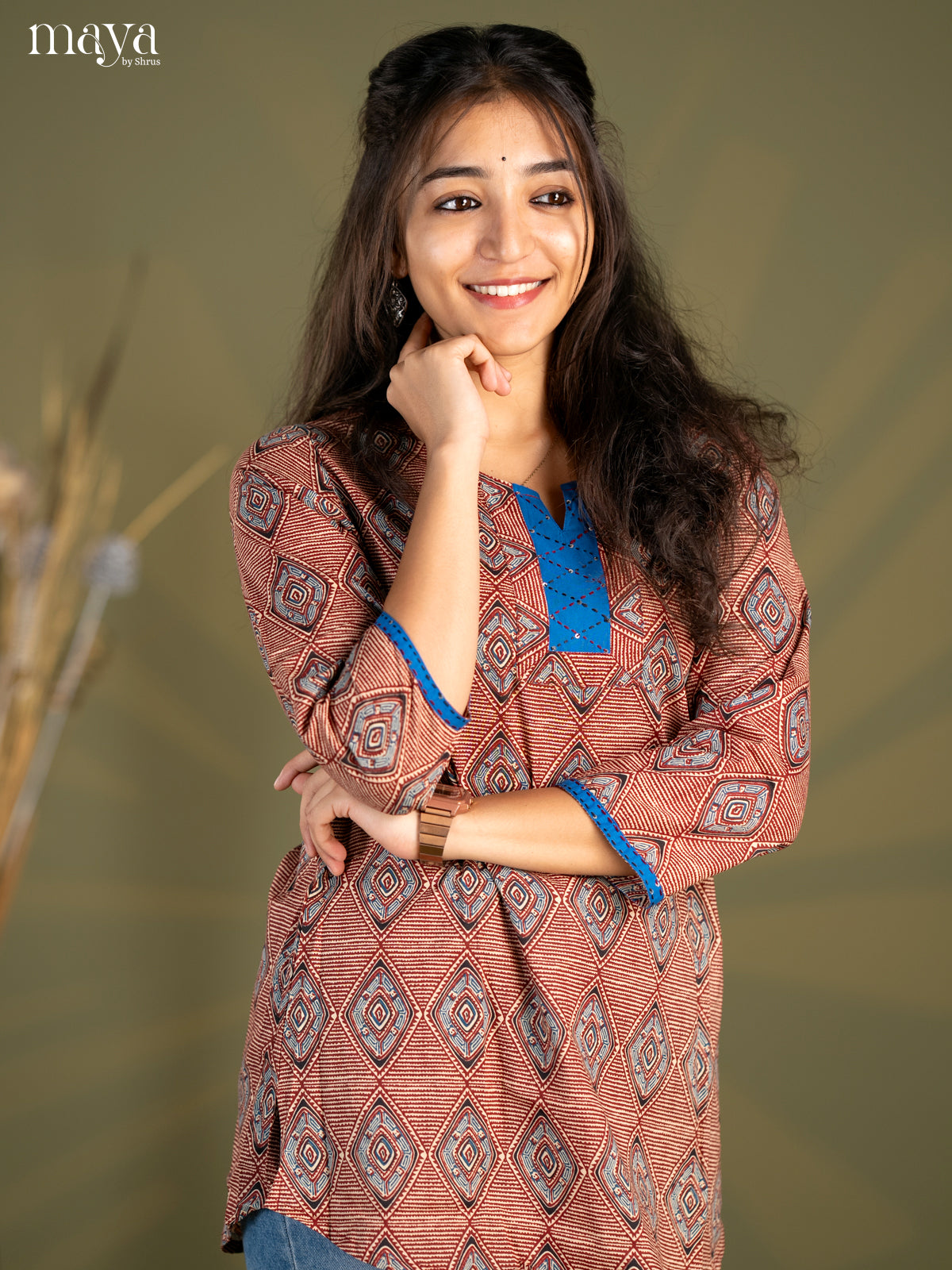 Maroon Geometric Printed Cotton Straight Short Kurta - Shop on Shrus.com